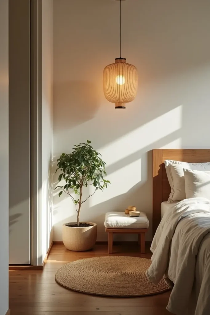 Zen nook with low stool, linen cushion, tatami mat, and bonsai in serene Wabi Sabi master bedroom.