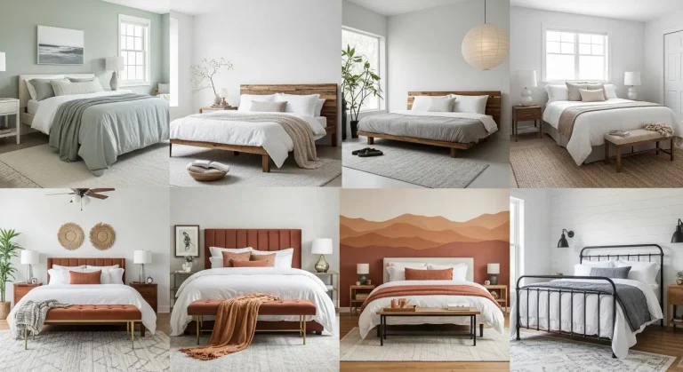 Collage of 10 cozy 2025 bedroom styles: sage, modern rustic, Japandi, farmhouse, and luxury bedding.