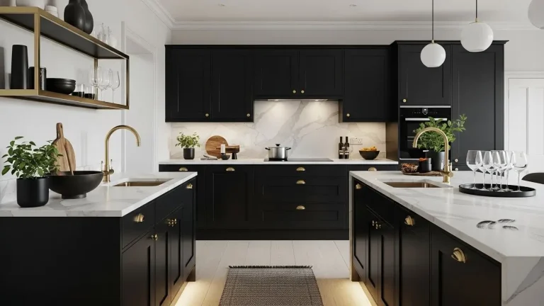 Modern black kitchen with brass hardware, marble counters, and ambient lighting for luxury feel.