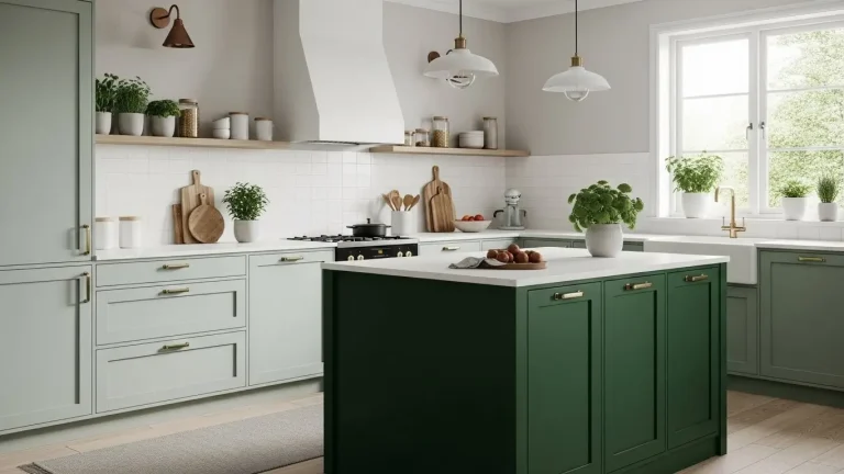 “Kitchen with sage and forest green cabinets, white counters, brass hardware, open shelves, and light.”
