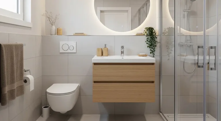 "Ultra-small bathroom with floating fixtures, giant mirror, seamless tiles, and calm textures."