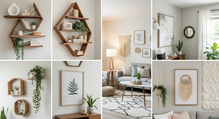 Vertical collage of modern home decor: living room, TV wall, dining, kitchen, and bathroom ideas.