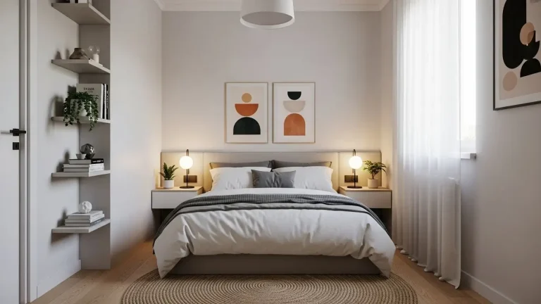 Compact apartment bedroom with low bed, floating nightstands, plants, neutral walls, airy design.