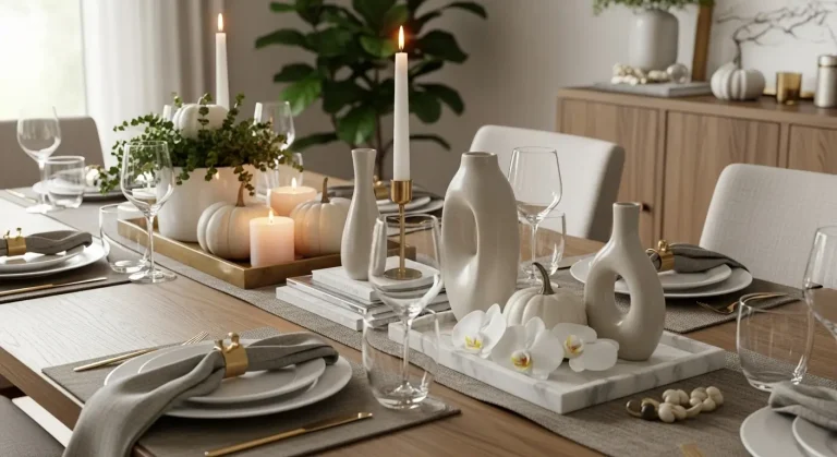 Collage of 6 dining table centerpieces: trays, vases, dough bowls, candles, citrus, and modern accents