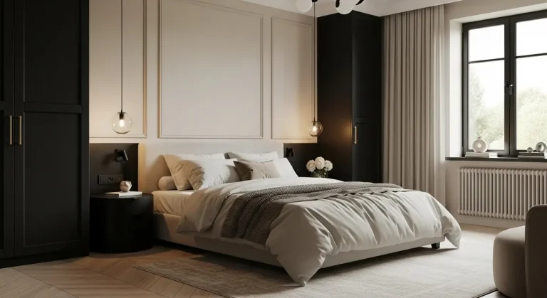 Calm luxury bedroom with black accents, beige walls, cream bedding, soft textures, minimal decor.