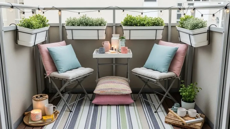 “Small cozy apartment balcony with folding chairs, tray table, rail planters, rug, string lights.”