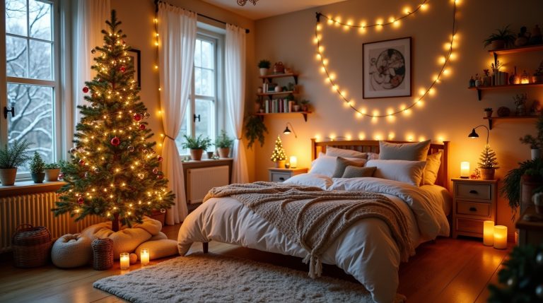 Cozy festive home with fairy lights, candles, mini trees, and warm textures for Christmas decor.