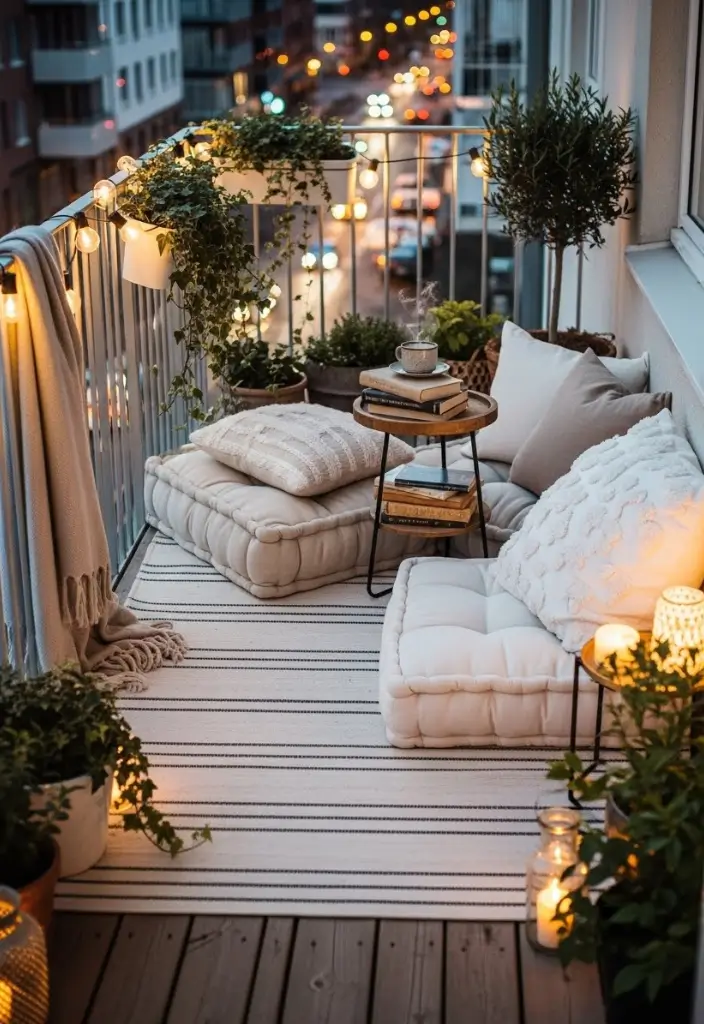 Balcony with striped rug, large floor cushions, string lights, side table, and layered cozy textures.