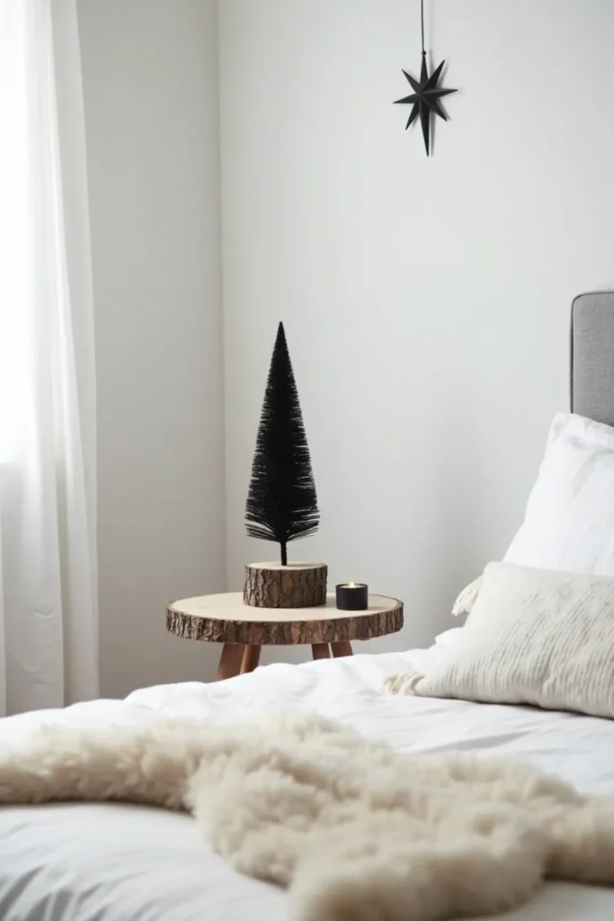 Minimalist Scandinavian Christmas corner with birch log, black mini tree, sheepskin rug, star wall.