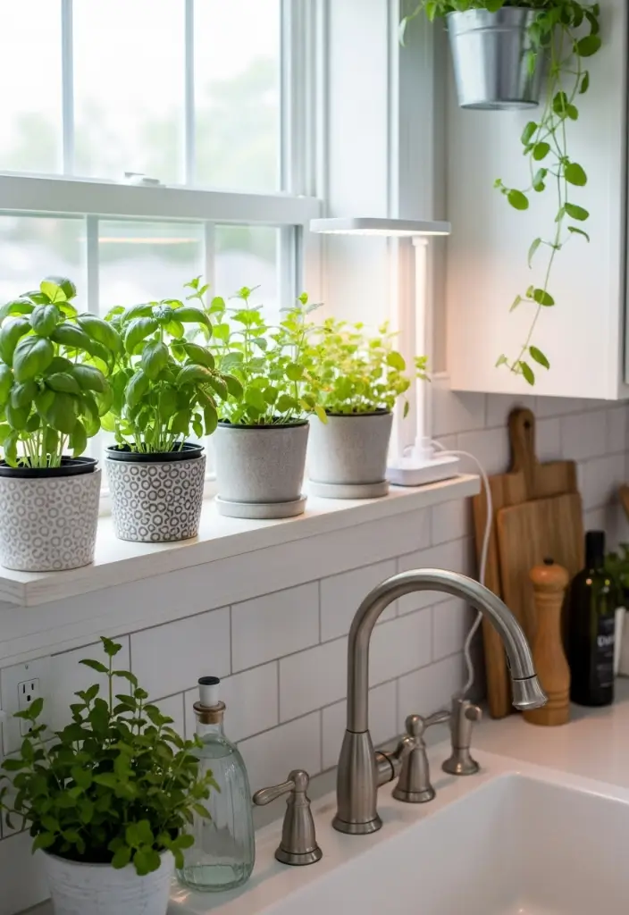 Tiny kitchen window shelf with potted herbs, shallow pots, and LED grow light for fresh greenery.