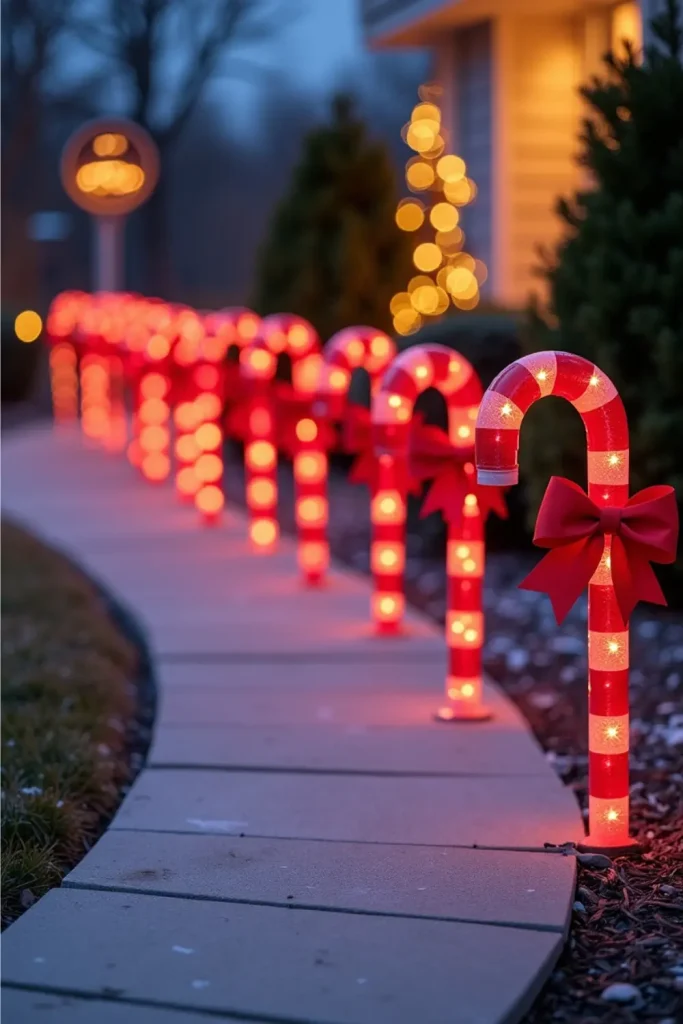 Festive candy cane lane with red bows and peppermint cutouts lining a cheerful Christmas walkway