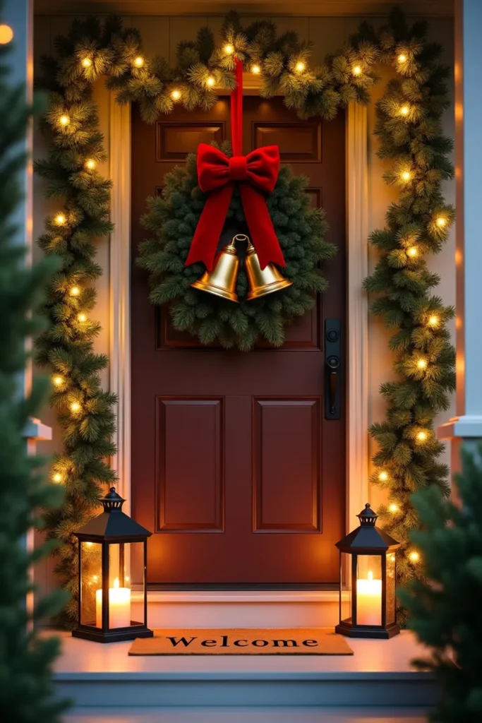 Classic Christmas porch with evergreen garland, velvet bow, gold bells, and glowing lanterns