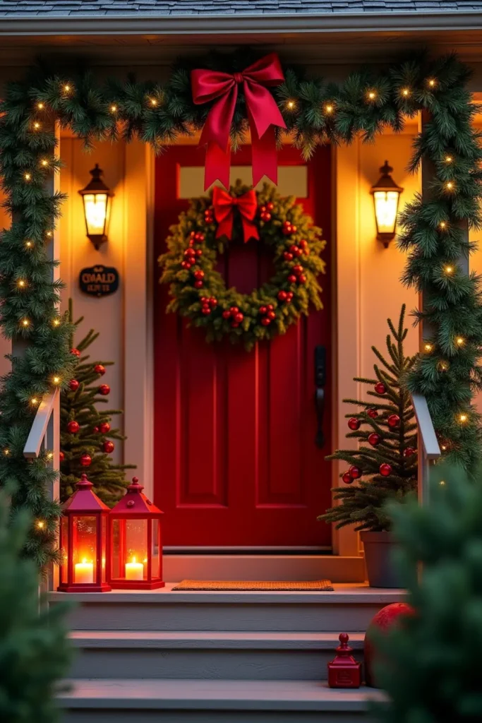 Classic red and green Christmas porch with pine garland, berry wreath, and glowing red lanterns