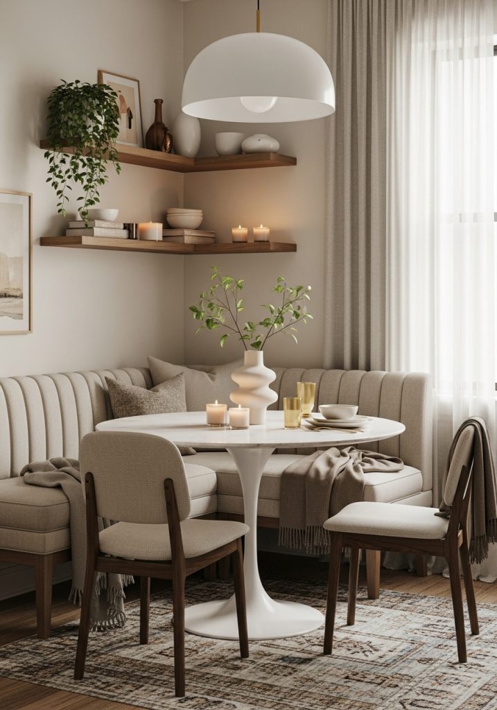 "Small dining room styled with smart picks: banquette, floating shelves, candles, and cozy accents."