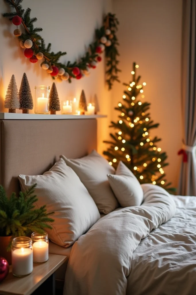 Eco-friendly Christmas bedroom with cork mini trees, fabric garland, and Epsom salt jar lights.