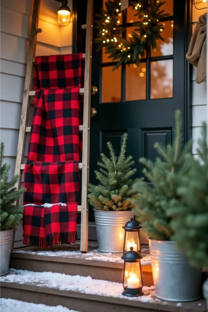 Rustic farmhouse Christmas porch with ladder, buffalo-check blankets, potted pines, and lanterns