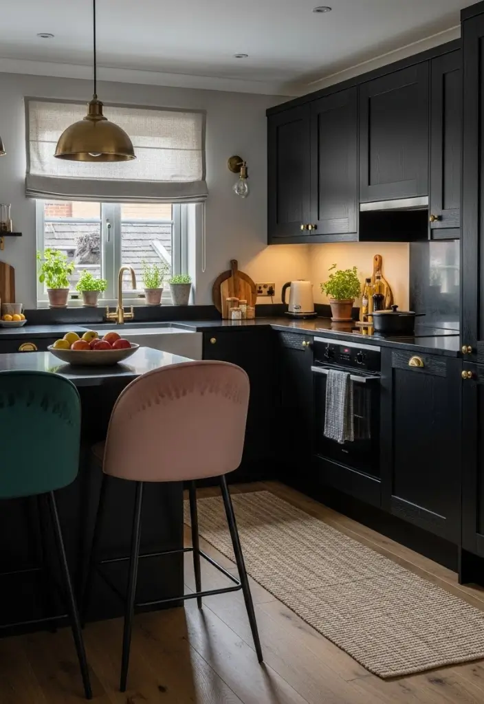 Cozy black kitchen with jewel-tone velvet stools, brass hardware, and warm textured accents.