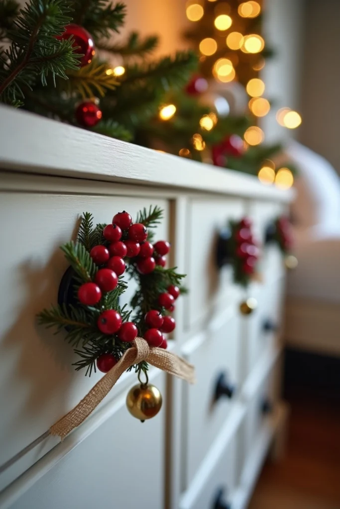 Classic Christmas bedroom with cranberry mini wreaths, burlap ties, brass bells, and evergreen accents.