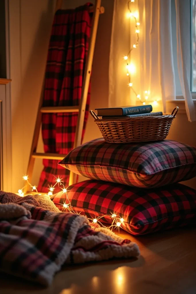 Cozy Christmas nook with floor cushions, plaid blanket ladder, holiday book basket, mini lights.