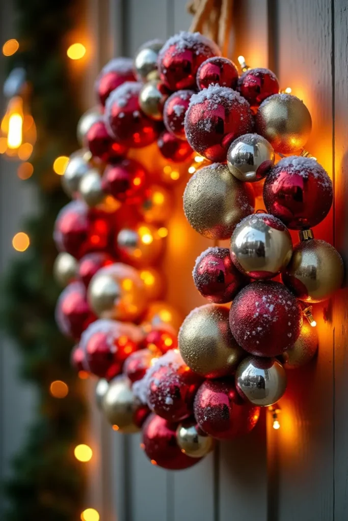 DIY ornament wreath with red, gold, and silver baubles glowing on porch door with snowy finish.