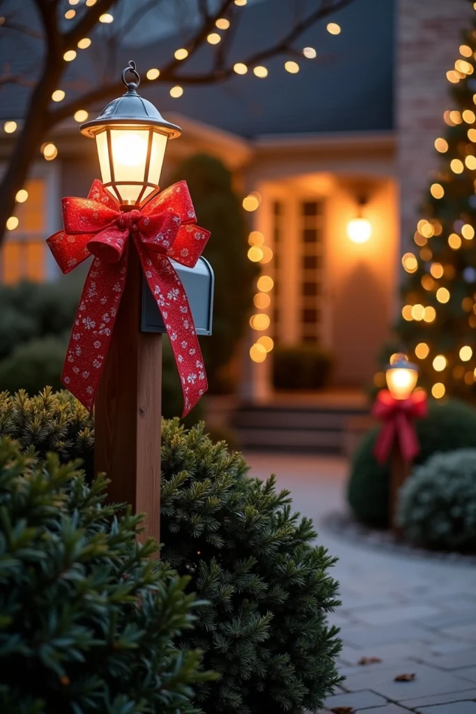 Christmas yard decorated with red bows, silver bells, and spotlighted front tree for festive glam