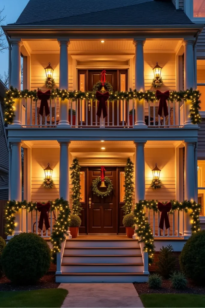Double-level Christmas porch with pre-lit garlands, velvet bows, giant bells, and twin wreaths