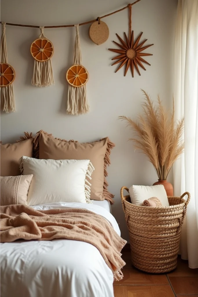 Boho Christmas bedroom with macramé snowflakes, dried orange garland, rattan star, blanket basket.