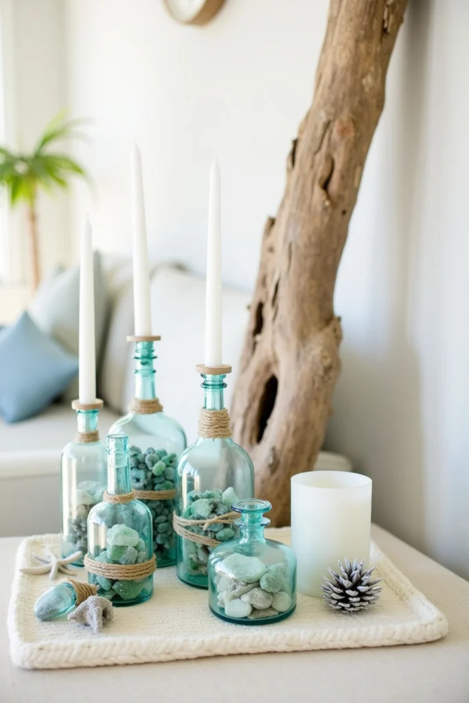 Coastal Christmas scene with driftwood, sea-glass bottles, rope-wrapped candles, and calm blues.