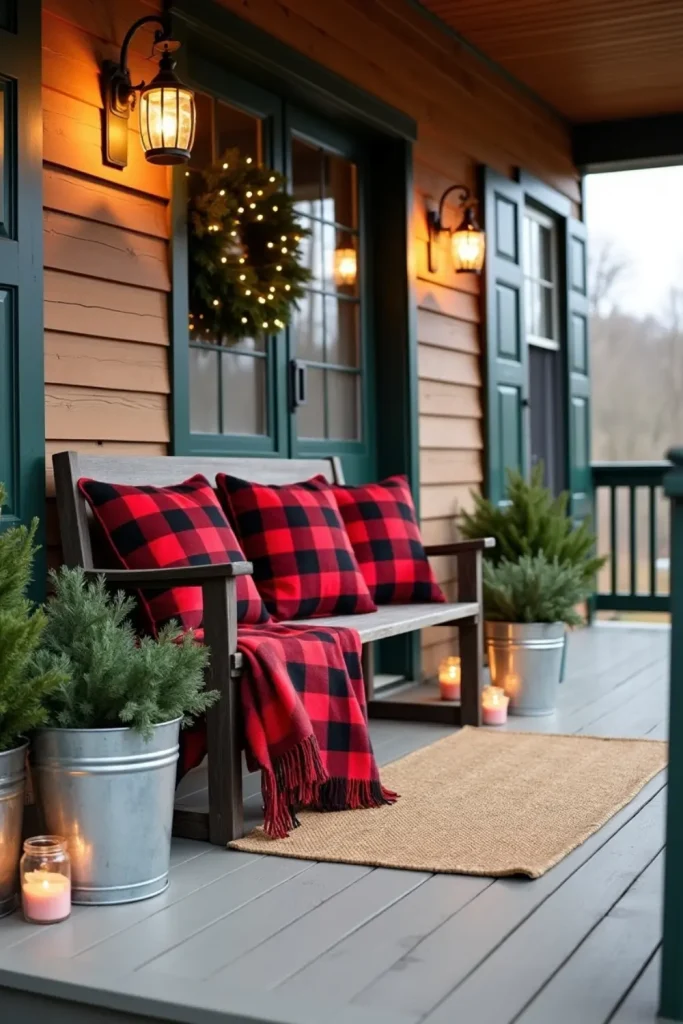 Farmhouse porch with buffalo-check pillows, plaid blanket, galvanized buckets, and lanterns aglow.