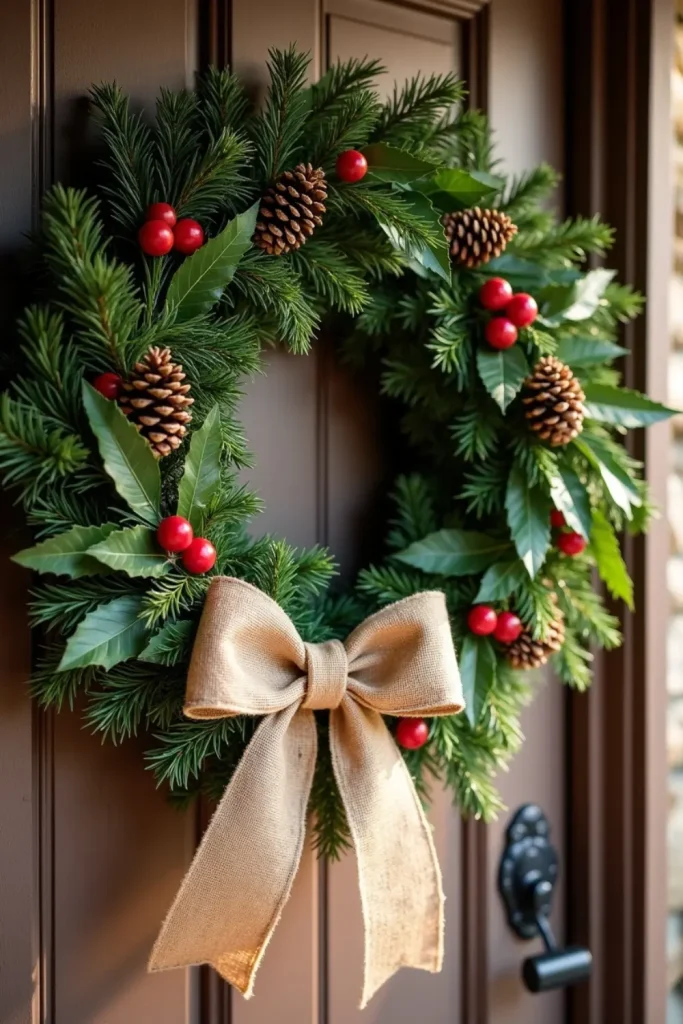 Rustic woodland wreath of pine, cedar, and holly with burlap bow on wooden door in warm daylight.