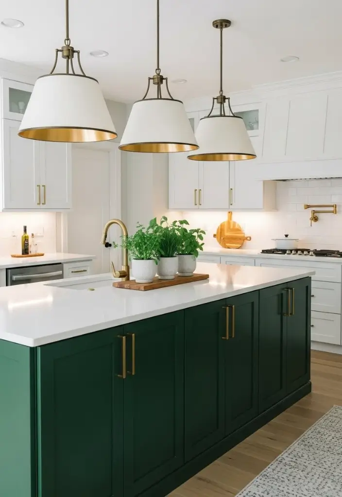 “Kitchen with forest green island, white perimeter cabinets, brass pendants, white quartz counters.”