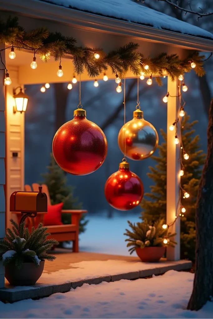 Giant red, gold, and silver ornaments hanging outdoors at dusk with warm porch lights and sparkle.