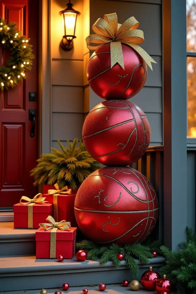 Stack of giant ornaments with gold bow, pine sprigs, and lighted gift boxes on festive porch corner.