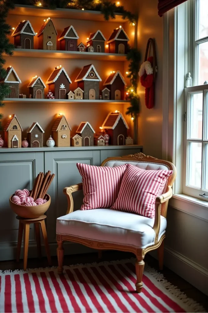 Cozy Christmas corner with gingerbread houses, peppermint pillows, cinnamon sticks, striped rug.