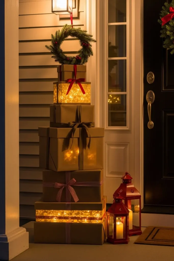 Stacked kraft-wrapped gift boxes glowing with battery lights, topped with wreath and red lanterns.