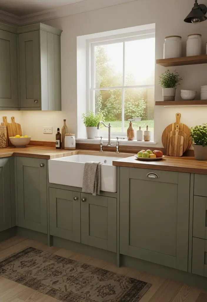 Green kitchen cabinets paired with warm wood shelves, oak floors, plants, and layered textures.