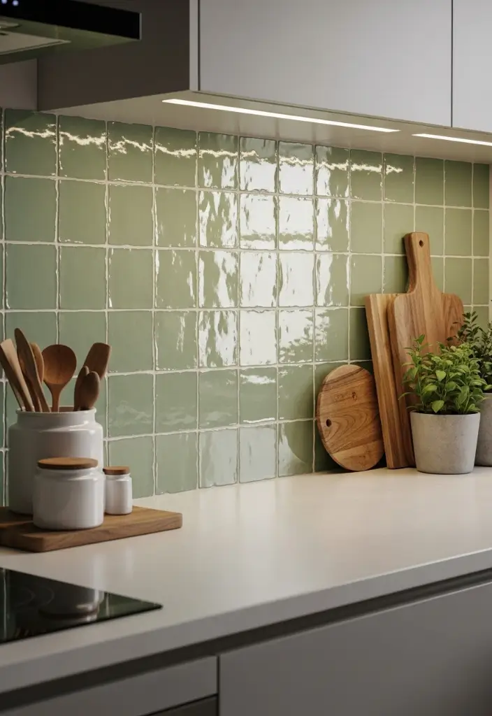 Kitchen with soft green hand-painted zellige tile backsplash, uneven edges, and subtle light reflection