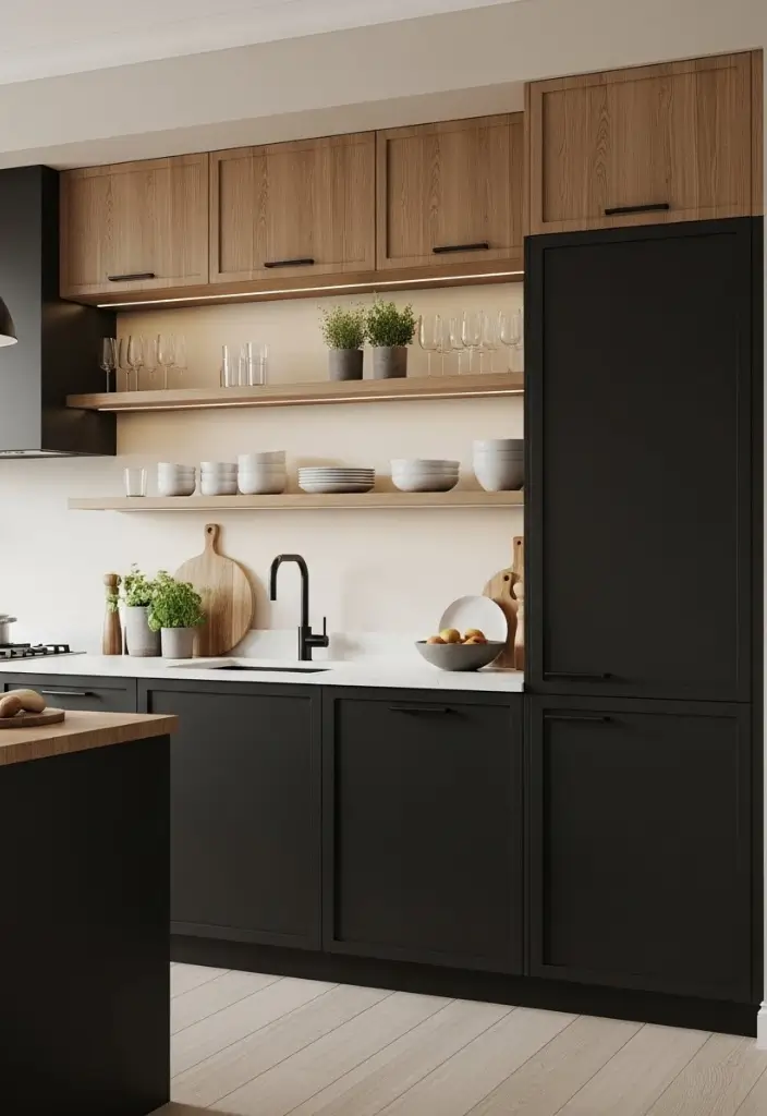 Modern kitchen with matte black lower cabinets, warm oak shelves, and minimalistic styling.