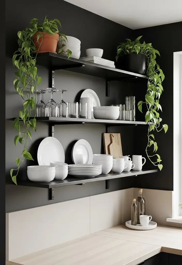 Minimalist black floating shelves with white dishes, glassware, and trailing green pothos plants.
