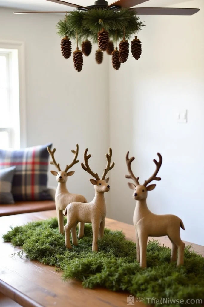 Rustic Christmas table with moss runner, wooden reindeer, hanging pinecones, and plaid pillow.