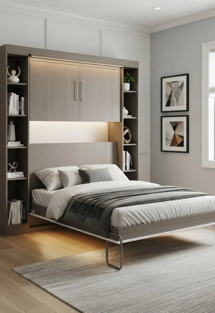 Small room with wall-mounted Murphy bed, cabinet-style front, side shelves, and smart fold-down design.