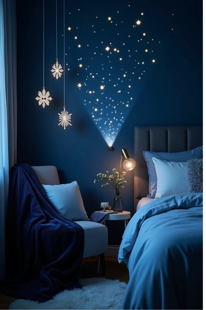 Christmas bedroom with navy velvet throw, constellation projector, and crystal snowflakes at night.