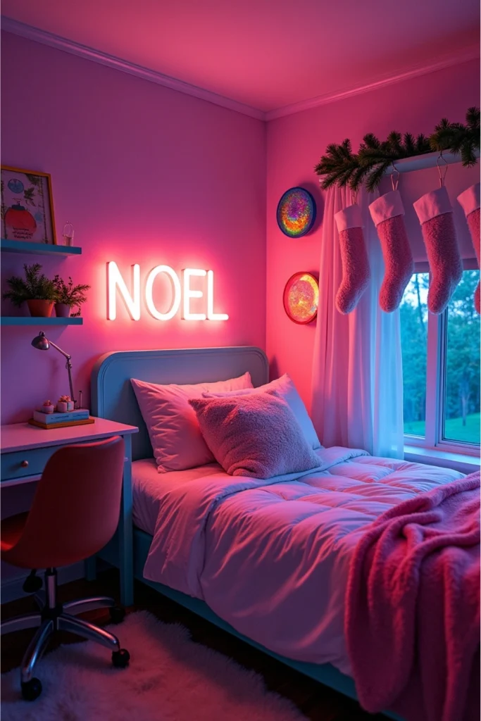 Teen bedroom with neon NOEL sign, holographic ornaments, and rainbow fuzzy stockings for Christmas fun.