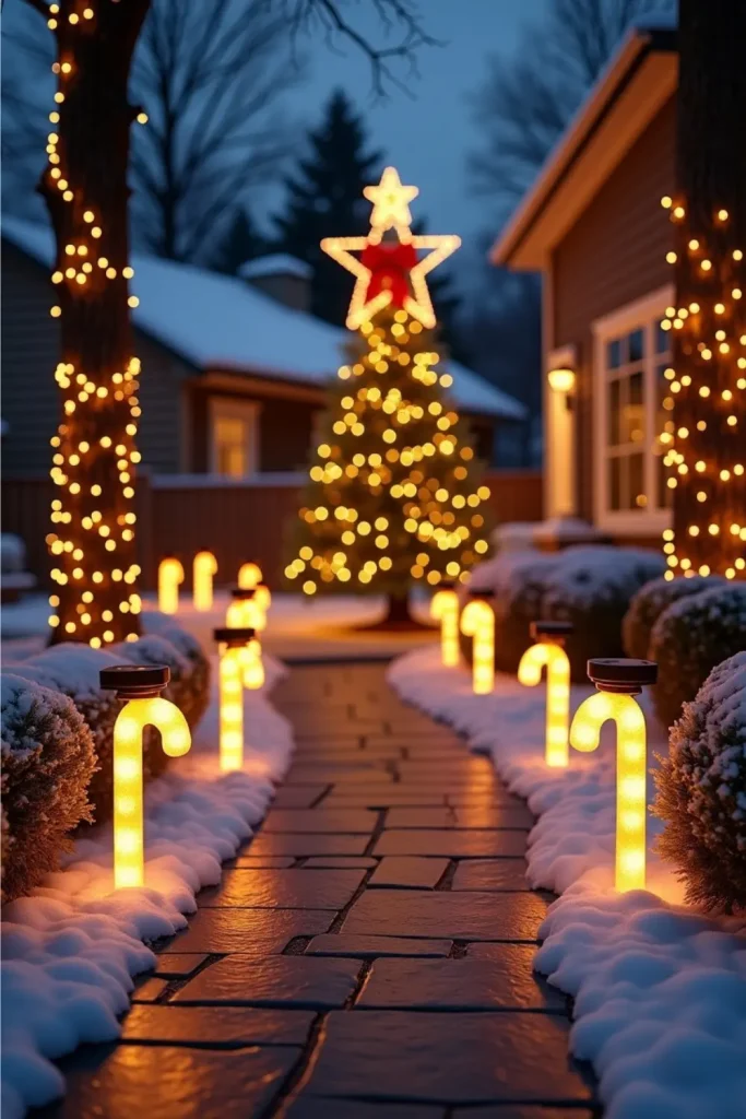 Elegant Christmas yard with solar candy-cane lights, net-wrapped trees, and star-topped pine