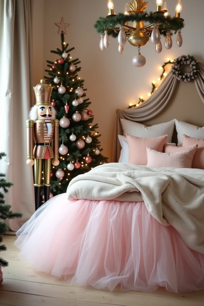 Christmas bedroom with nutcracker, pale pink tulle tree skirt, and slipper ornaments on chandelier.
