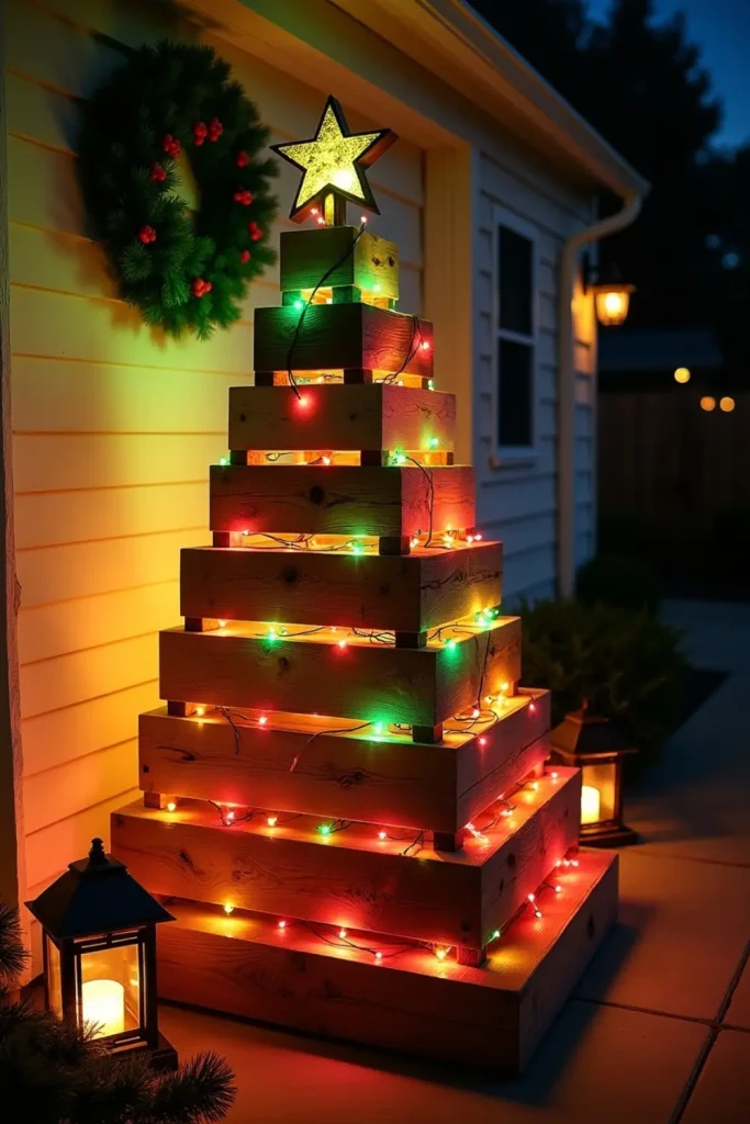 Rustic DIY pallet wood Christmas tree with colored lights, wooden star, and warm spotlight glow