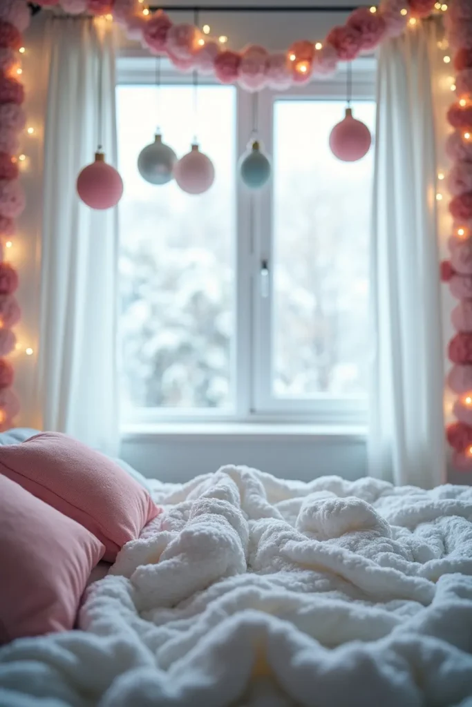Playful pastel Christmas bedroom with cloud pillow, pom-pom garland, and hanging ornaments.