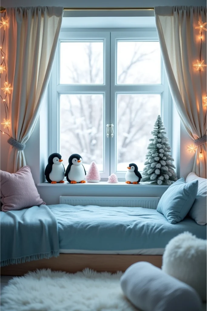 Playful winter bedroom with plush penguins, icy blue throw, snowflake lights, and faux fur rug.