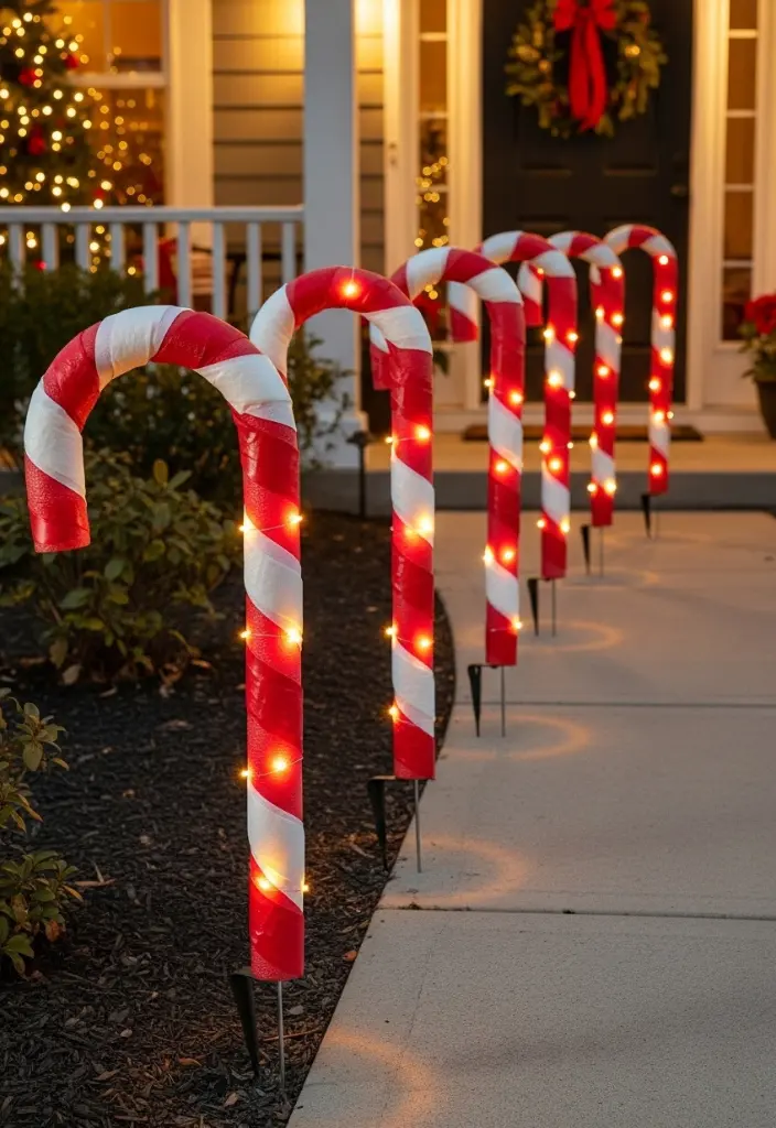DIY pool-noodle candy cane decorations glowing along a walkway with red and white tape and lights inside.