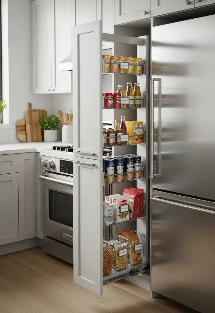 Compact kitchen with pull-out pantry tower beside fridge, labeled shelves, and clear bins for snacks